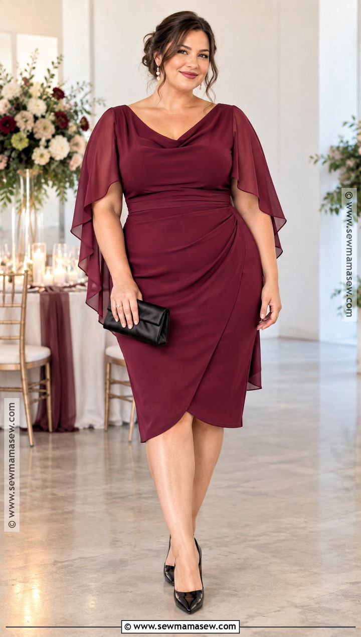 Plus Size Berry Crepe Cape Sleeve Dress - 15 plus size fall dresses for wedding guest