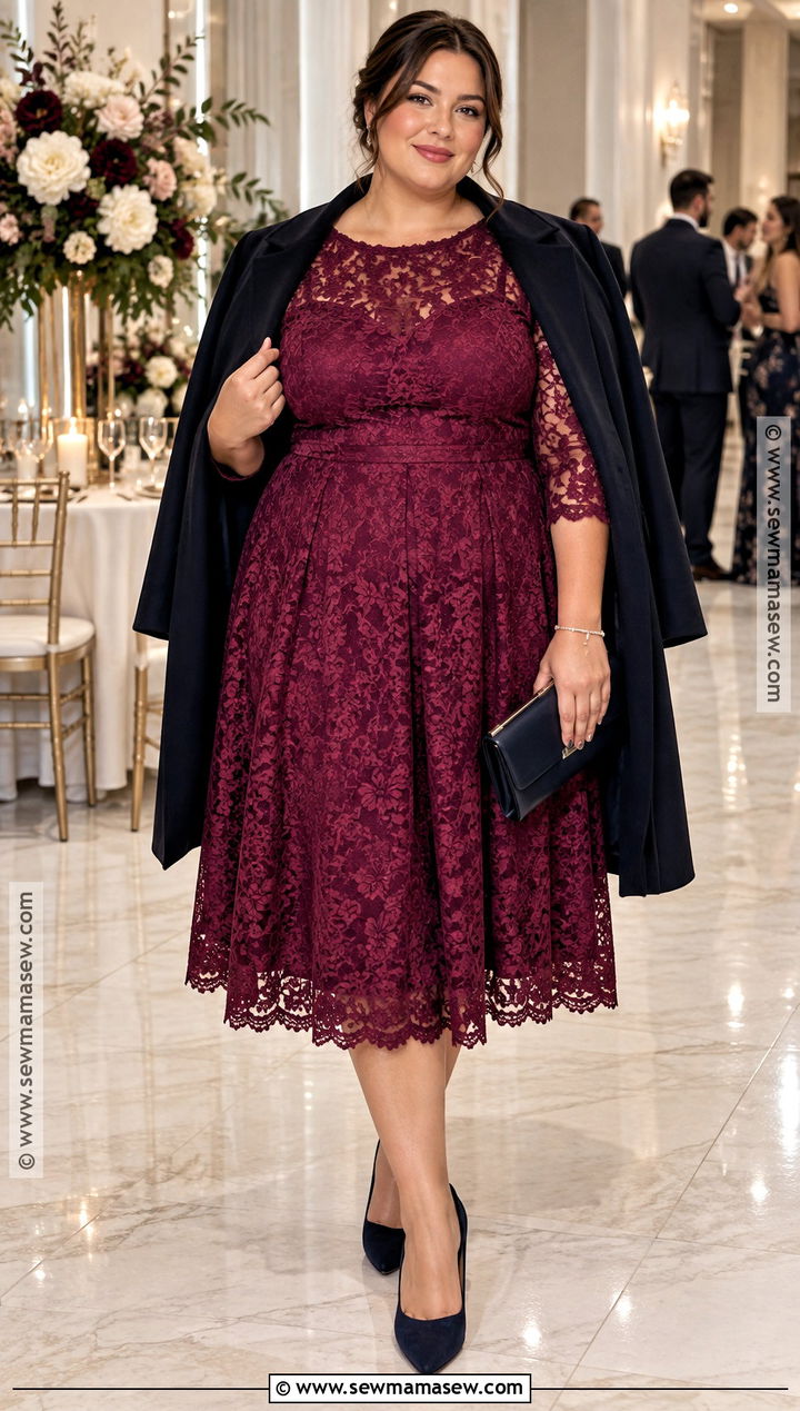 Plus Size Berry Lace Midi Dress Outfit - 20 Fall Plus Size Wedding Guest Outfit Ideas