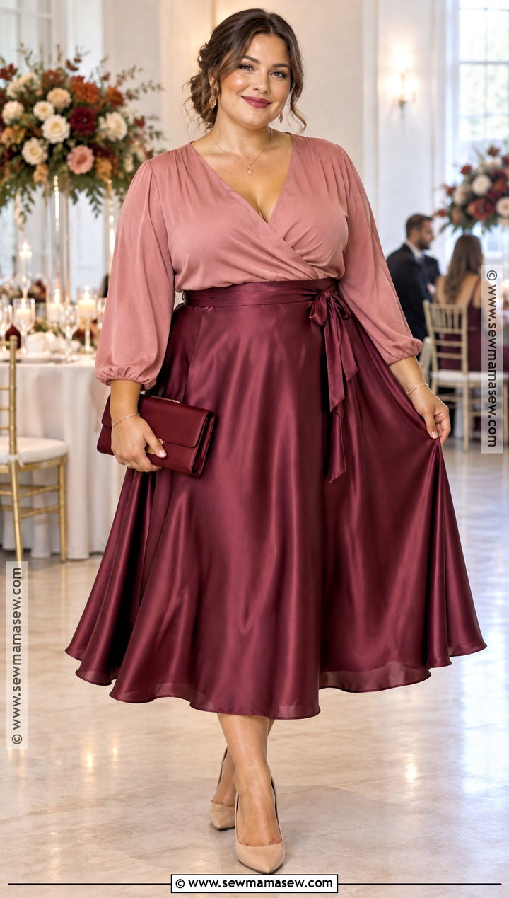Plus Size Berry Midi Skirt And Blouse Fall Wedding Outfit - 20 fall wedding outfit guest ideas for plus size
