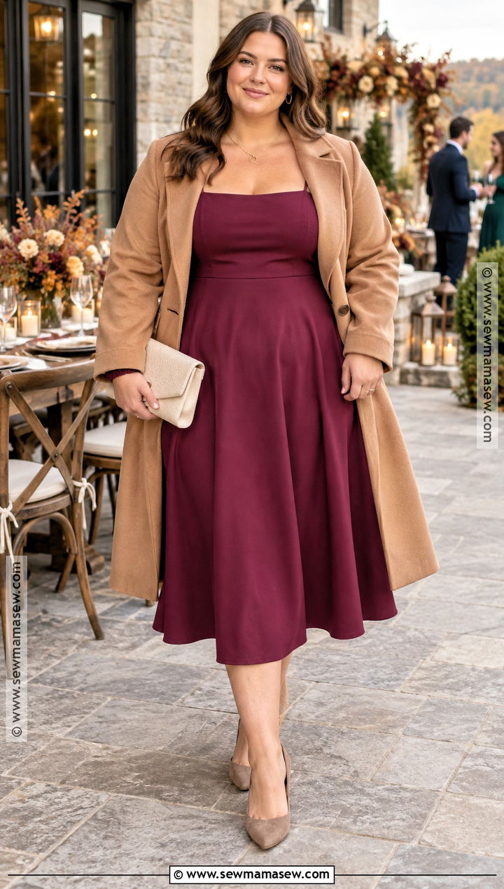 Plus Size Berry Square Neck Midi Dress - 20 fall wedding dress ideas for plus size