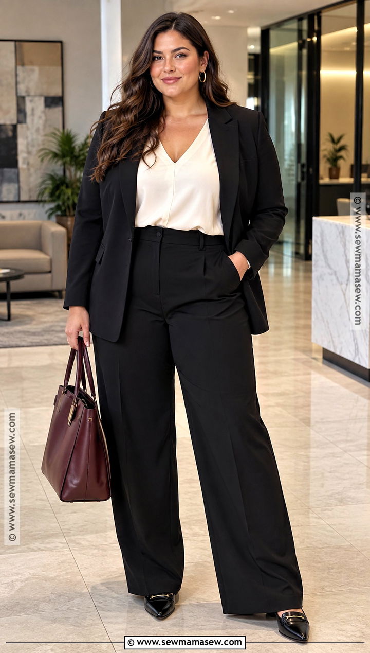 Plus Size Black Blazer And Wide Leg Trousers Outfit - 15 fall professional outfits women for plus size