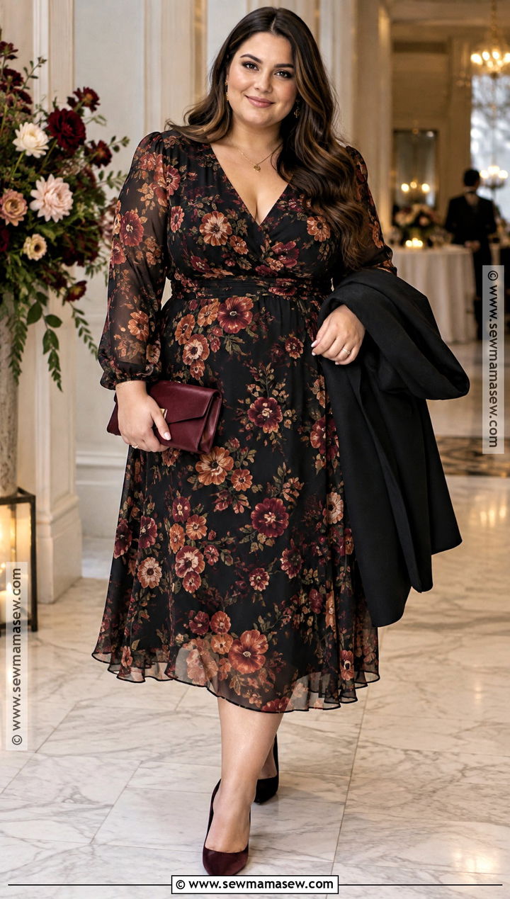 Plus Size Black Floral Long Sleeve Dress Outfit - 20 Fall Plus Size Wedding Guest Outfit Ideas