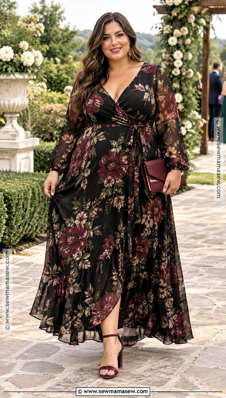 Plus Size Black Floral Maxi Dress Fall Wedding Guest Outfit - 20 fall wedding outfit guest ideas for plus size
