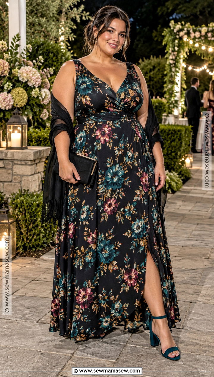Plus Size Black Floral Maxi Dress Outfit - 15 september wedding guest dress ideas for plus size