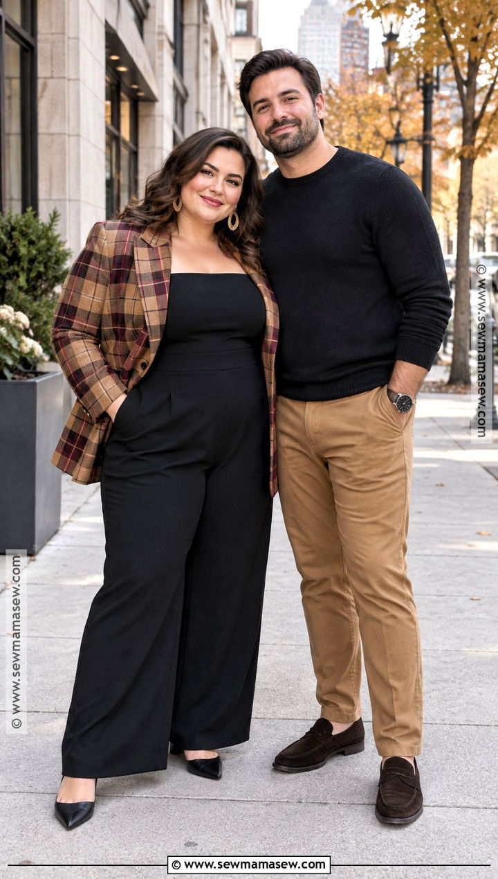 Plus Size Black Jumpsuit And Plaid Blazer Outfit - 15 october engagement pictures outfit ideas for plus size