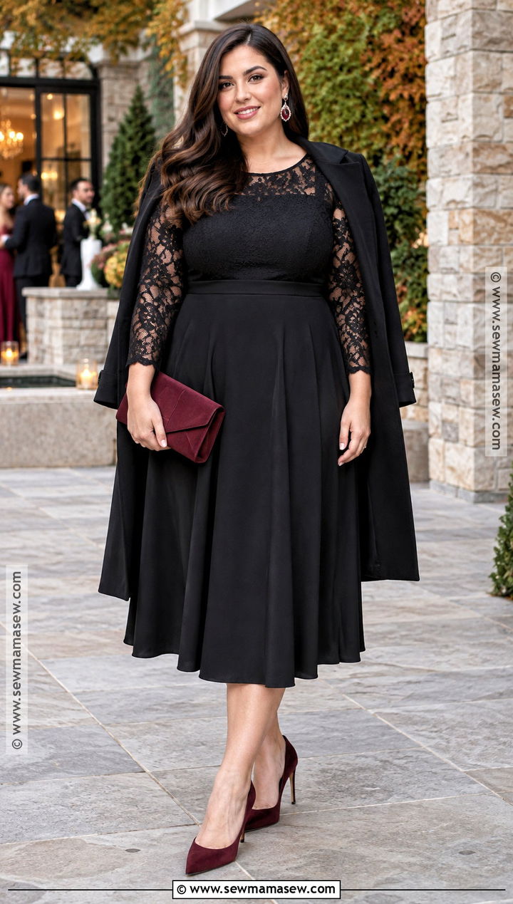 Plus Size Black Lace Sleeve Midi Dress - 20 fall wedding dress ideas for plus size