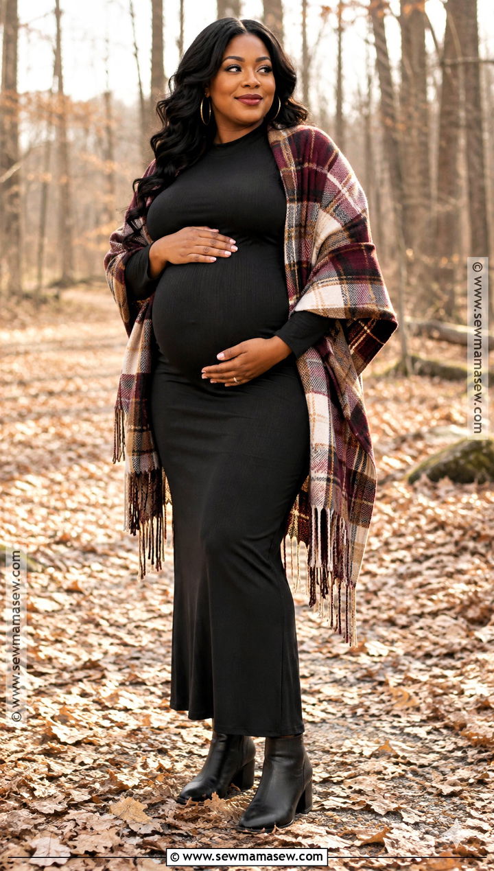 Plus Size Black Maternity Maxi Dress With A Plaid Shawl - 15 fall maternity outfits for photoshoot for plus size