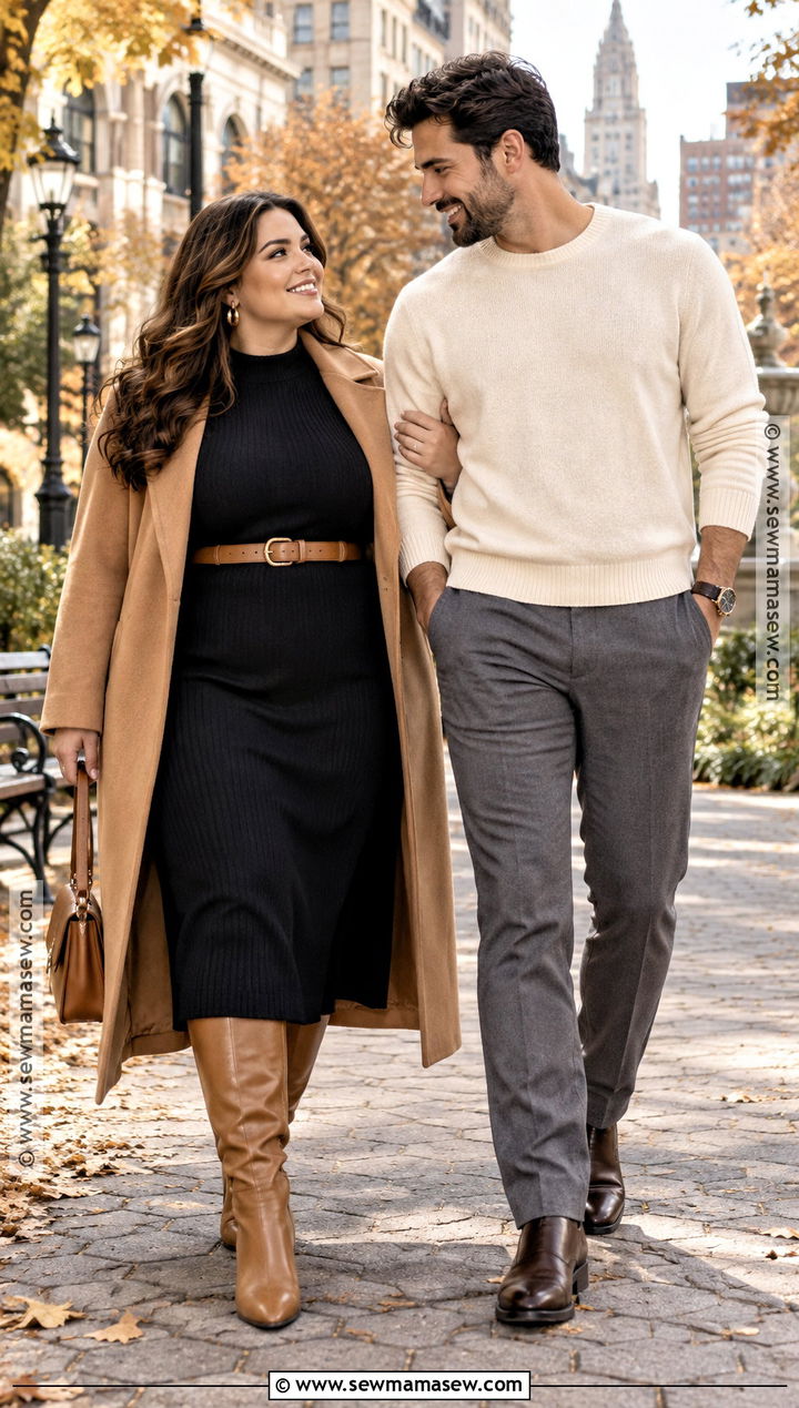Plus Size Black Midi Dress And Camel Accessories Outfit - 15 october engagement pictures outfit ideas for plus size
