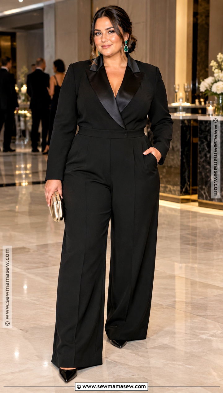 Plus Size Black Tuxedo Jumpsuit Fall Wedding Guest Outfit - 20 fall wedding outfit guest ideas for plus size