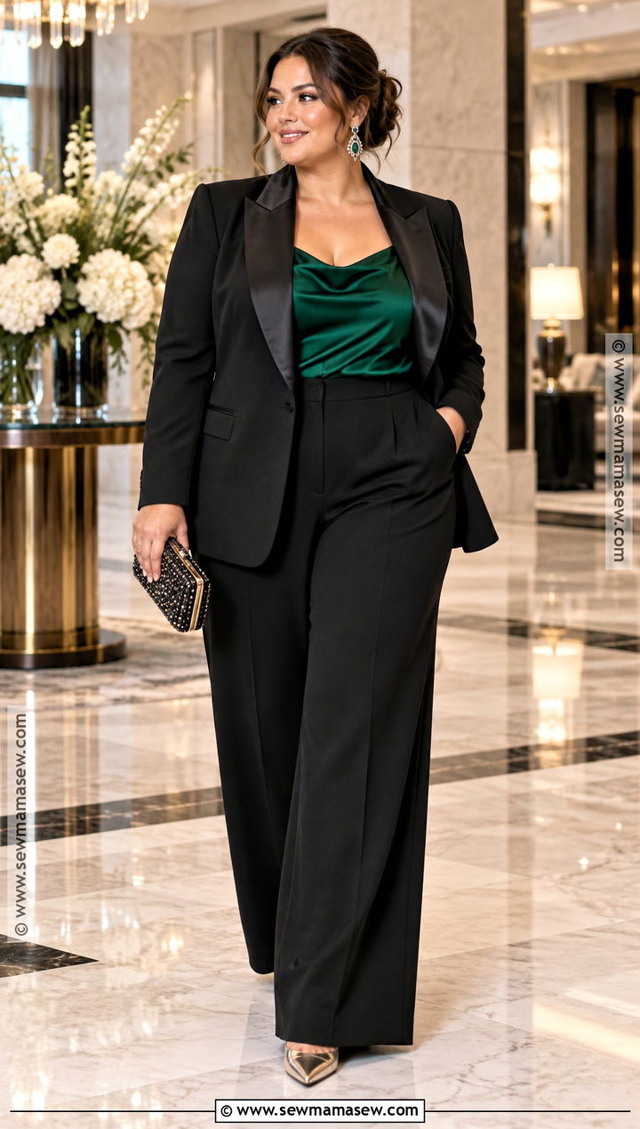 Plus Size Black Tuxedo Suit Outfit - 20 Fall Plus Size Wedding Guest Outfit Ideas