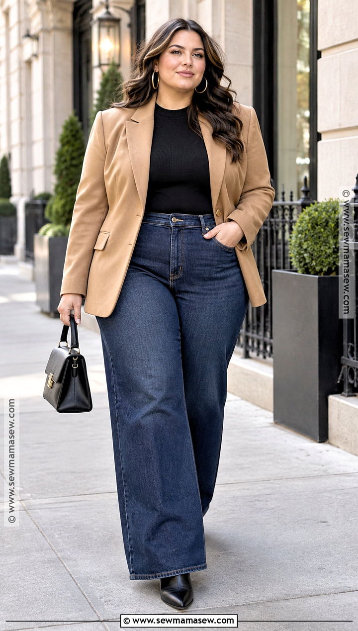 Plus Size Blazer And Wide Leg Jeans Outfit - 20 plus fall outfits