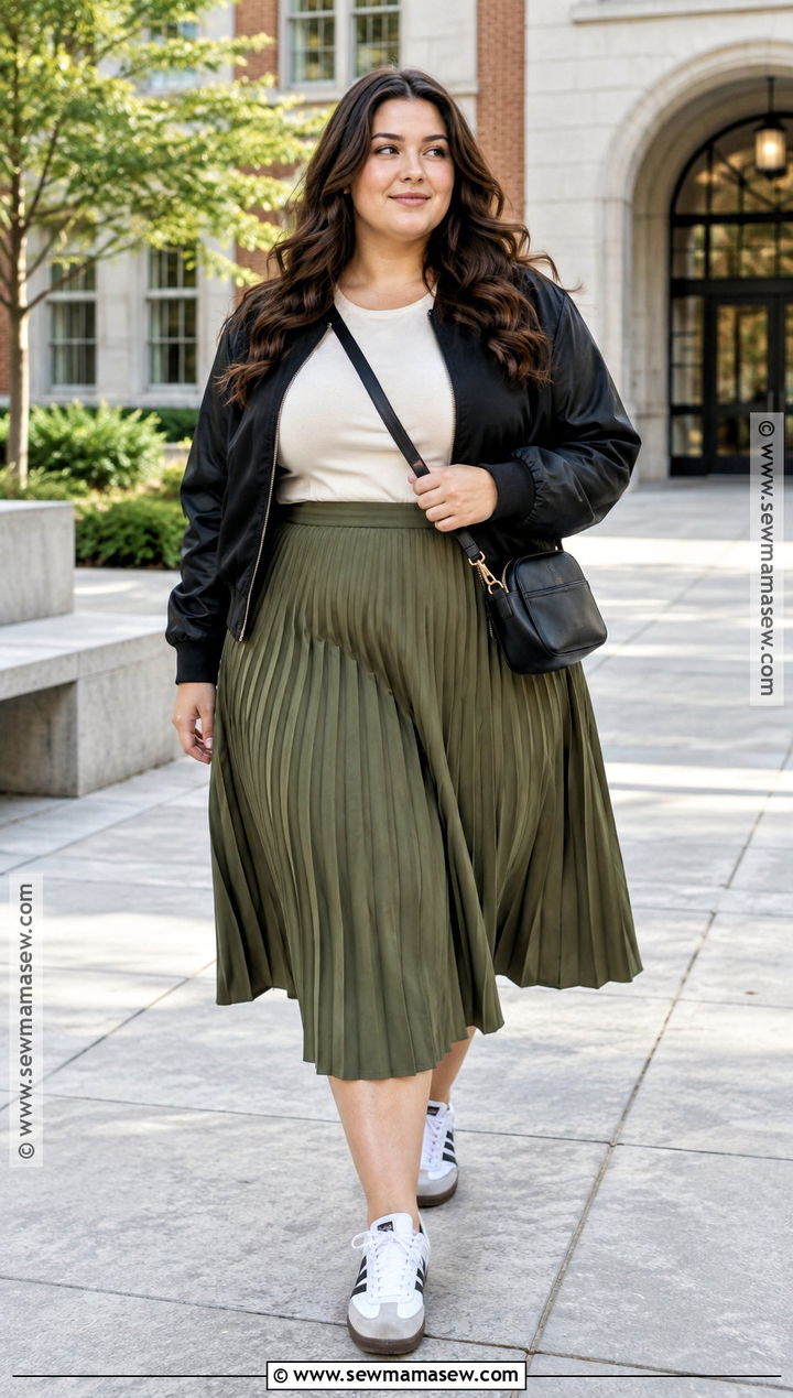 Plus Size Bomber Jacket And Midi Skirt Outfit - 20 plus size back to school outfits