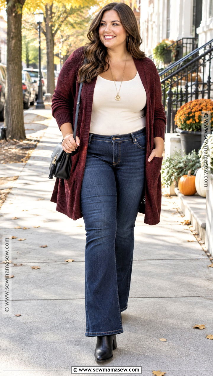 Plus Size Bootcut Jeans And Open Cardigan - 25 plus size fall outfits big stomach