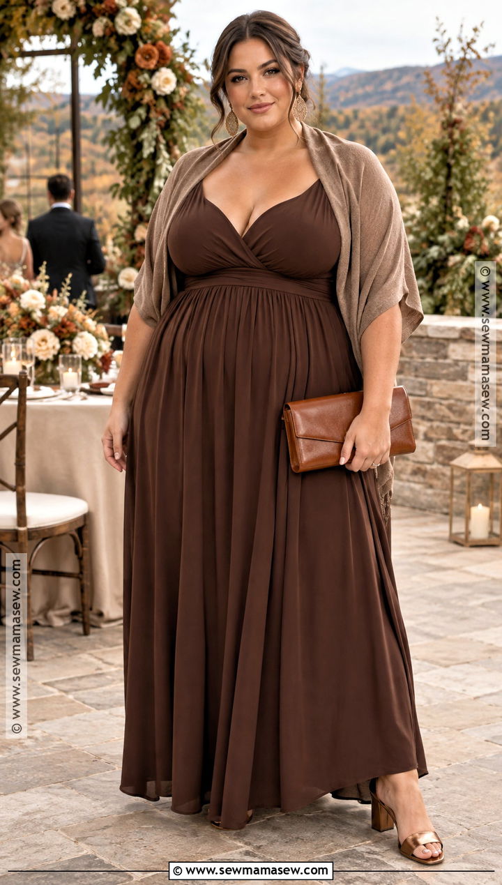 Plus Size Brown Empire Waist Maxi Dress Outfit - 15 fall wedding guest dress brown ideas