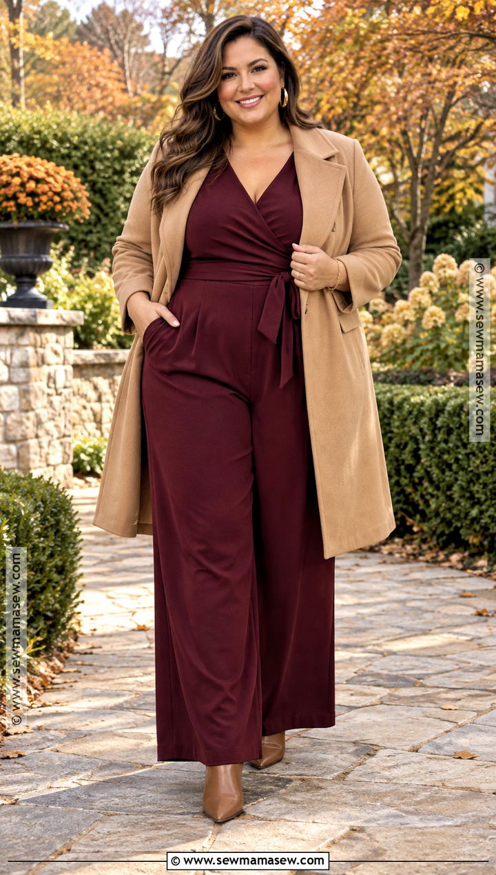Plus Size Burgundy Jumpsuit And Camel Coat - 15 plus size family photo outfits fall