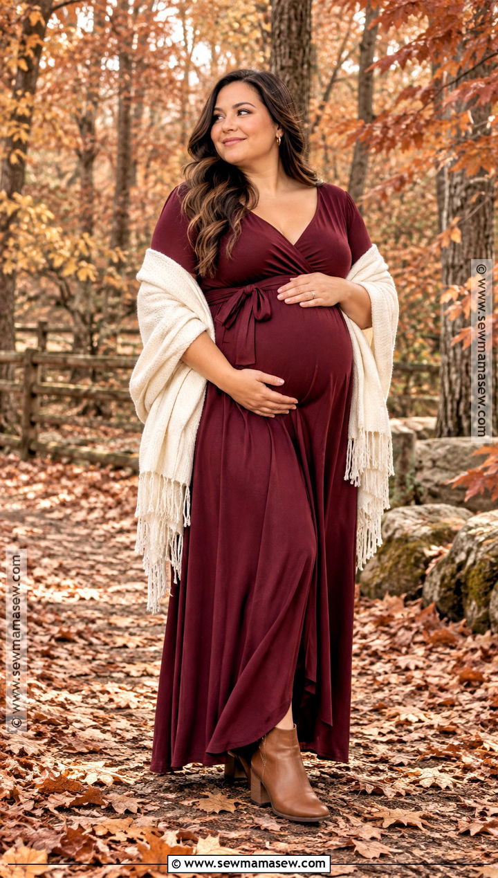 Plus Size Burgundy Maternity Maxi Dress With Ankle Boots - 15 fall maternity outfits for photoshoot for plus size
