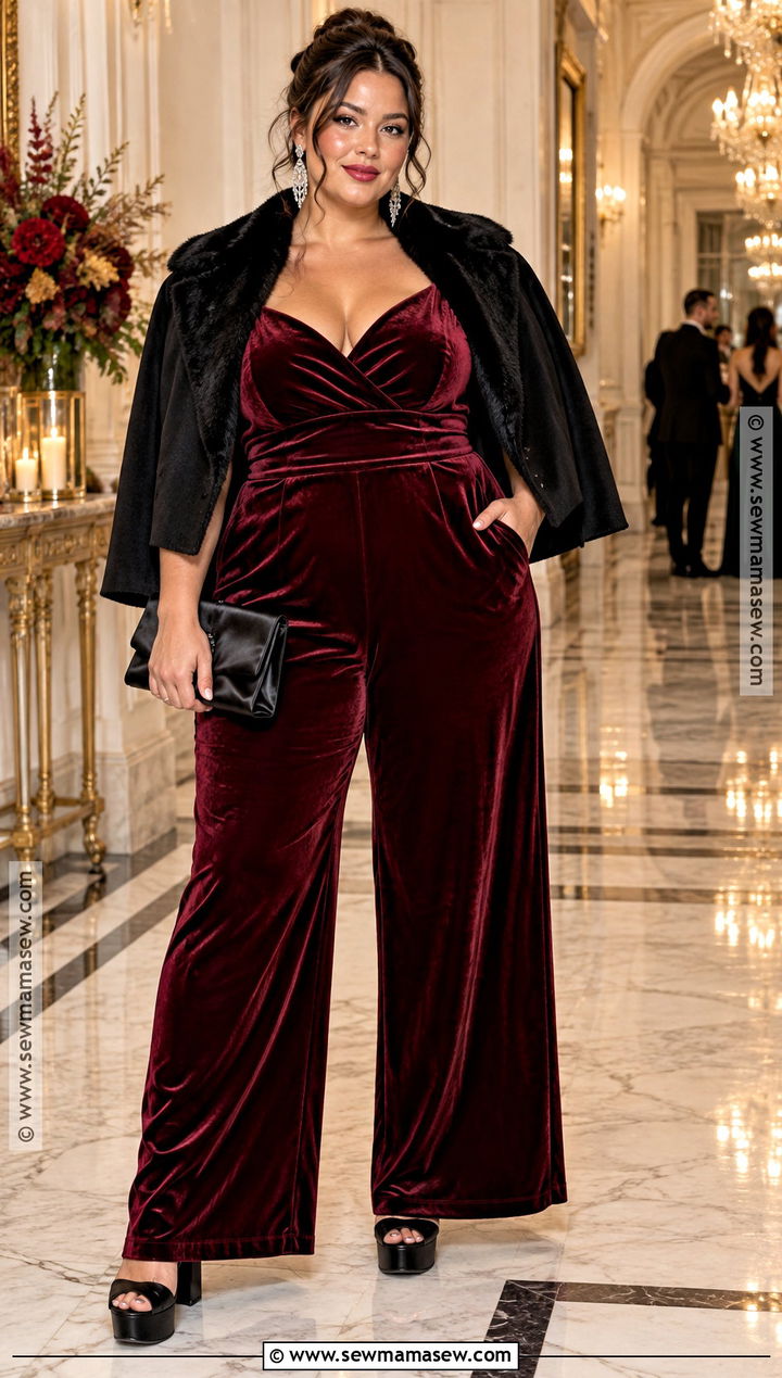 Plus Size Burgundy Velvet Jumpsuit Outfit - 20 Fall Plus Size Wedding Guest Outfit Ideas