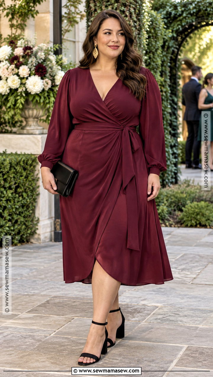 Plus Size Burgundy Wrap Dress Fall Wedding Guest Outfit - 20 fall wedding outfit guest ideas for plus size