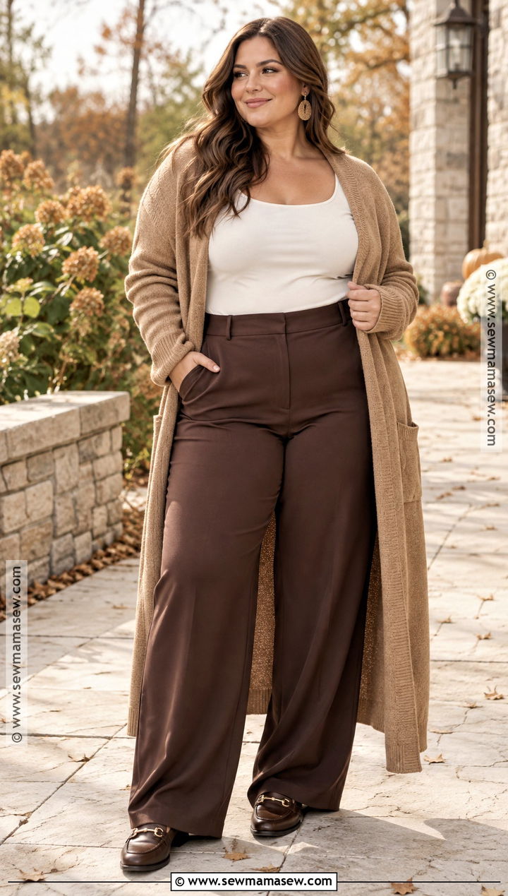 Plus Size Camel Cardigan And Brown Wide Leg Trousers - 15 plus size family photo outfits fall