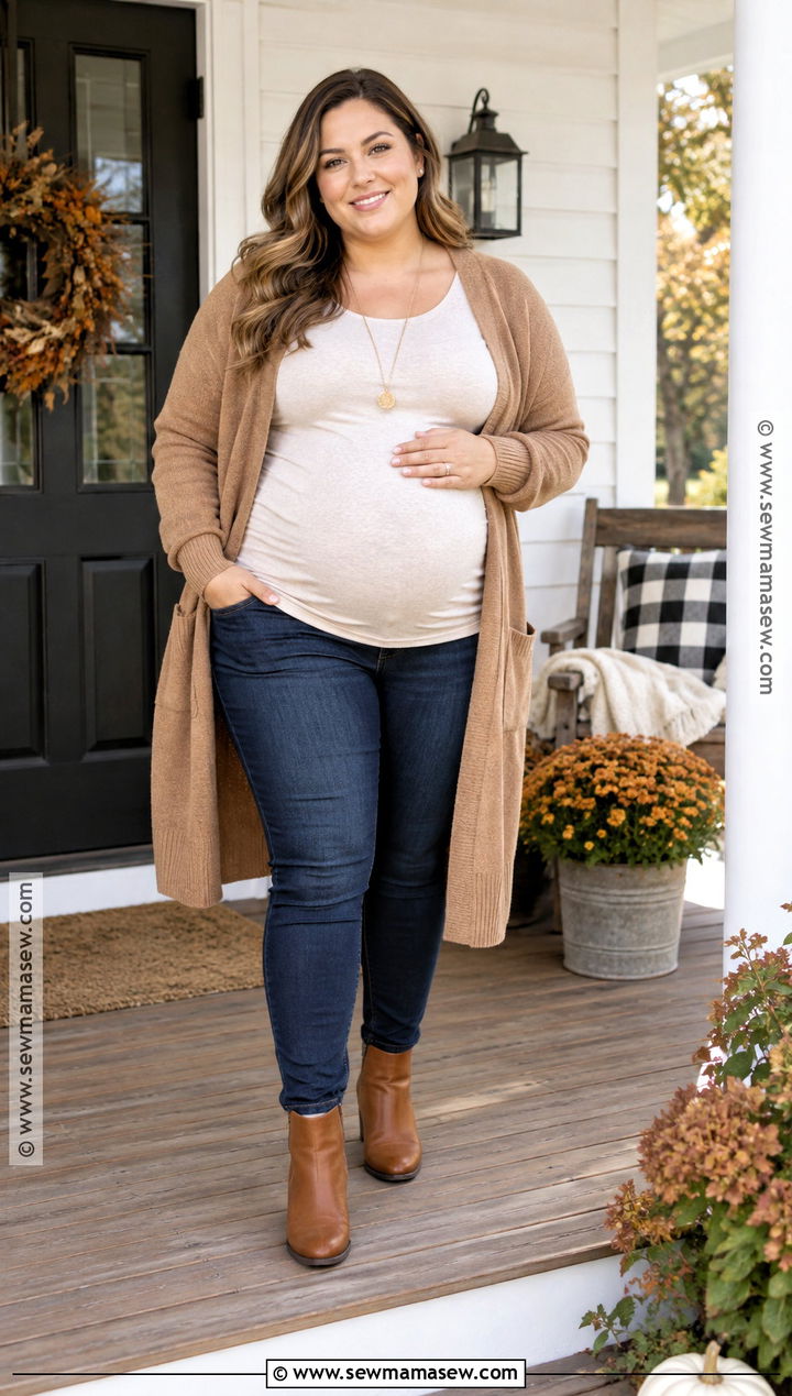 Plus Size Camel Cardigan With Maternity Jeans And Boots - 15 fall maternity outfits for photoshoot for plus size