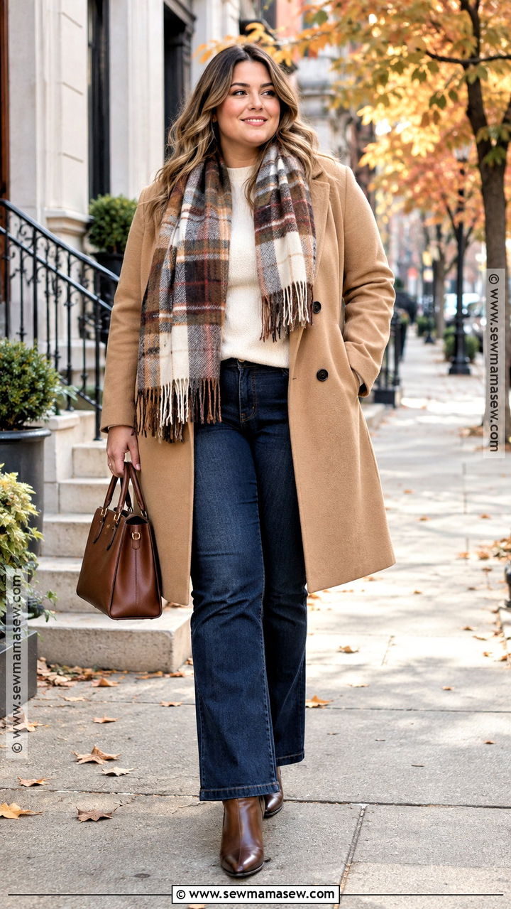 Plus Size Camel Coat With Sweater And Dark Jeans - 20 Plus Size Fall Capsule Wardrobe Ideas