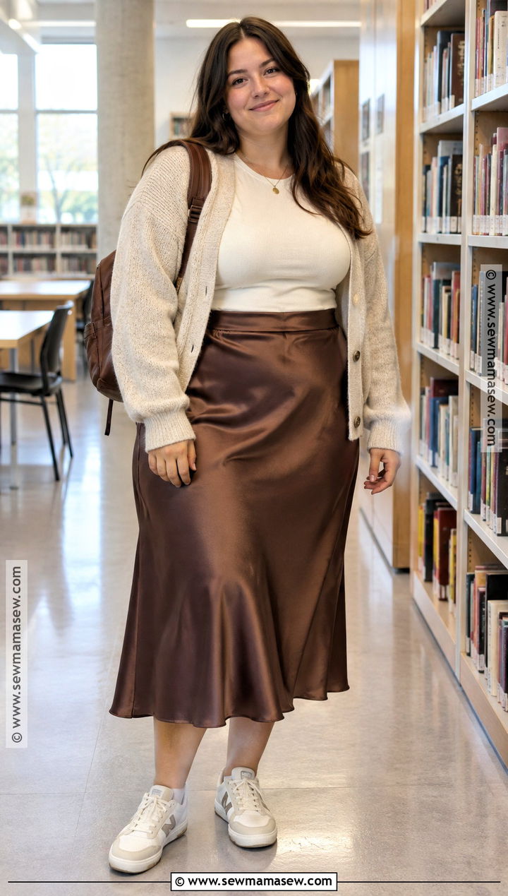 Plus Size Cardigan And Satin Midi Skirt Outfit - 20 plus size back to school outfits