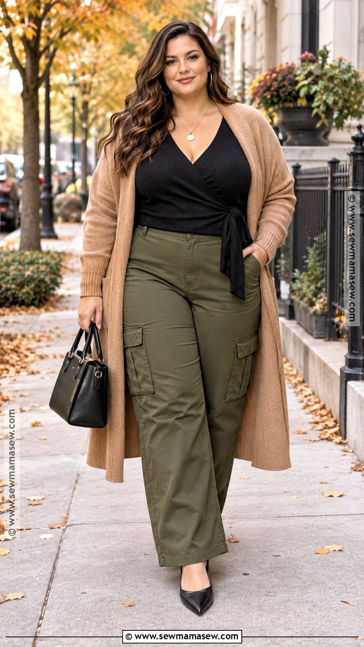 Plus Size Cargo Pants With Wrap Top And Long Cardigan - 20 fall cargo pants outfit for women