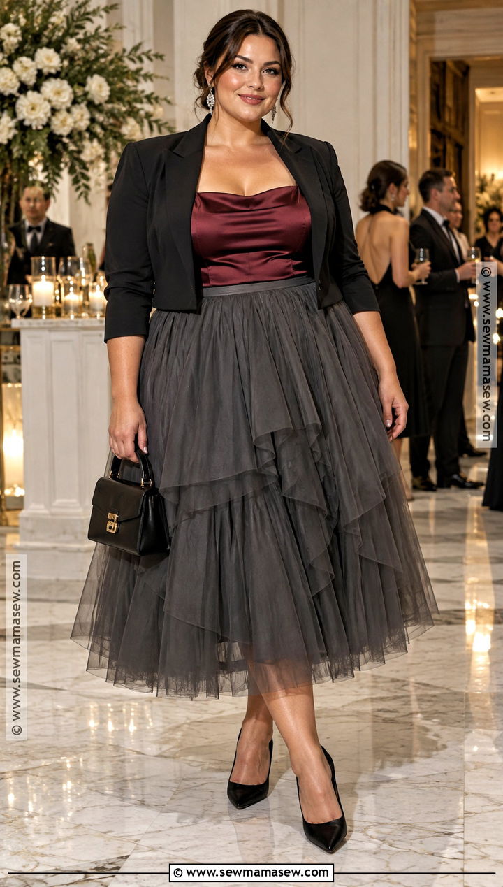 Plus Size Charcoal Tulle Skirt Outfit - 20 plus size fall wedding guest outfit ideas
