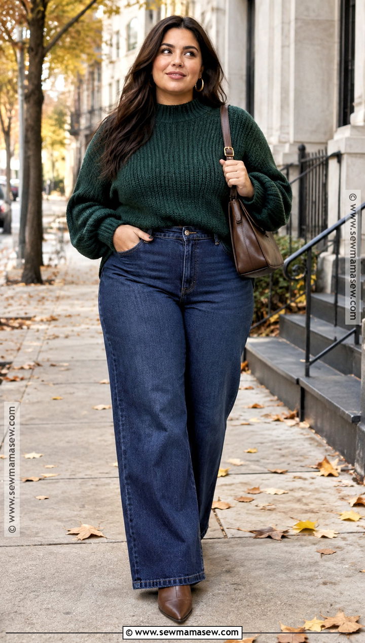 Plus Size Chunky Sweater and Wide Leg Jeans Outfit - 30 plus size fall outfit ideas