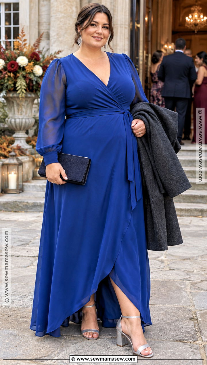 Plus Size Cobalt Wrap Maxi Fall Wedding Guest Dress - 15 fall wedding guest dress blue ideas