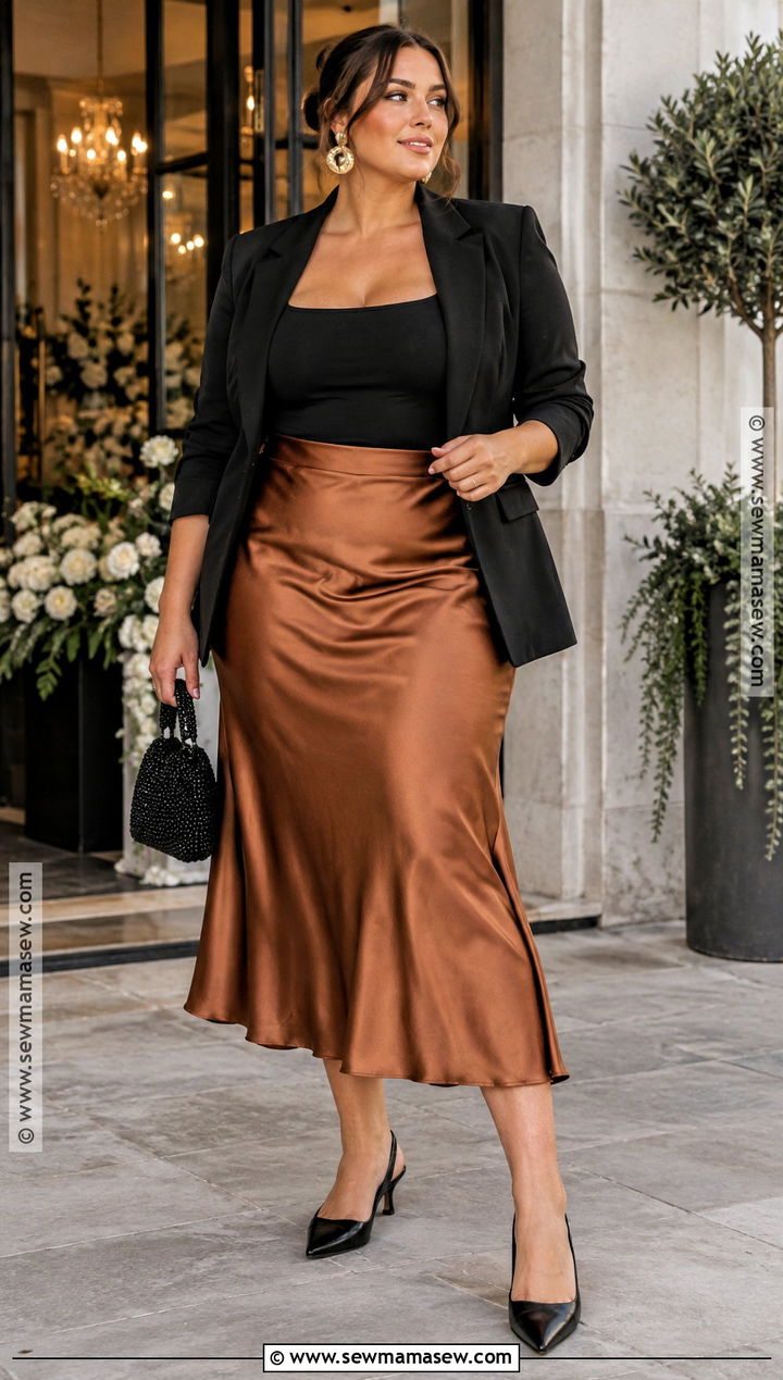 Plus Size Copper Satin Skirt Outfit - 20 plus size fall wedding guest outfit ideas