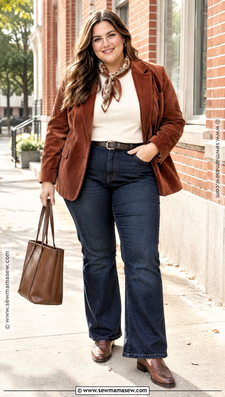 Plus Size Corduroy Blazer and Jeans Outfit - 30 plus size fall outfit ideas