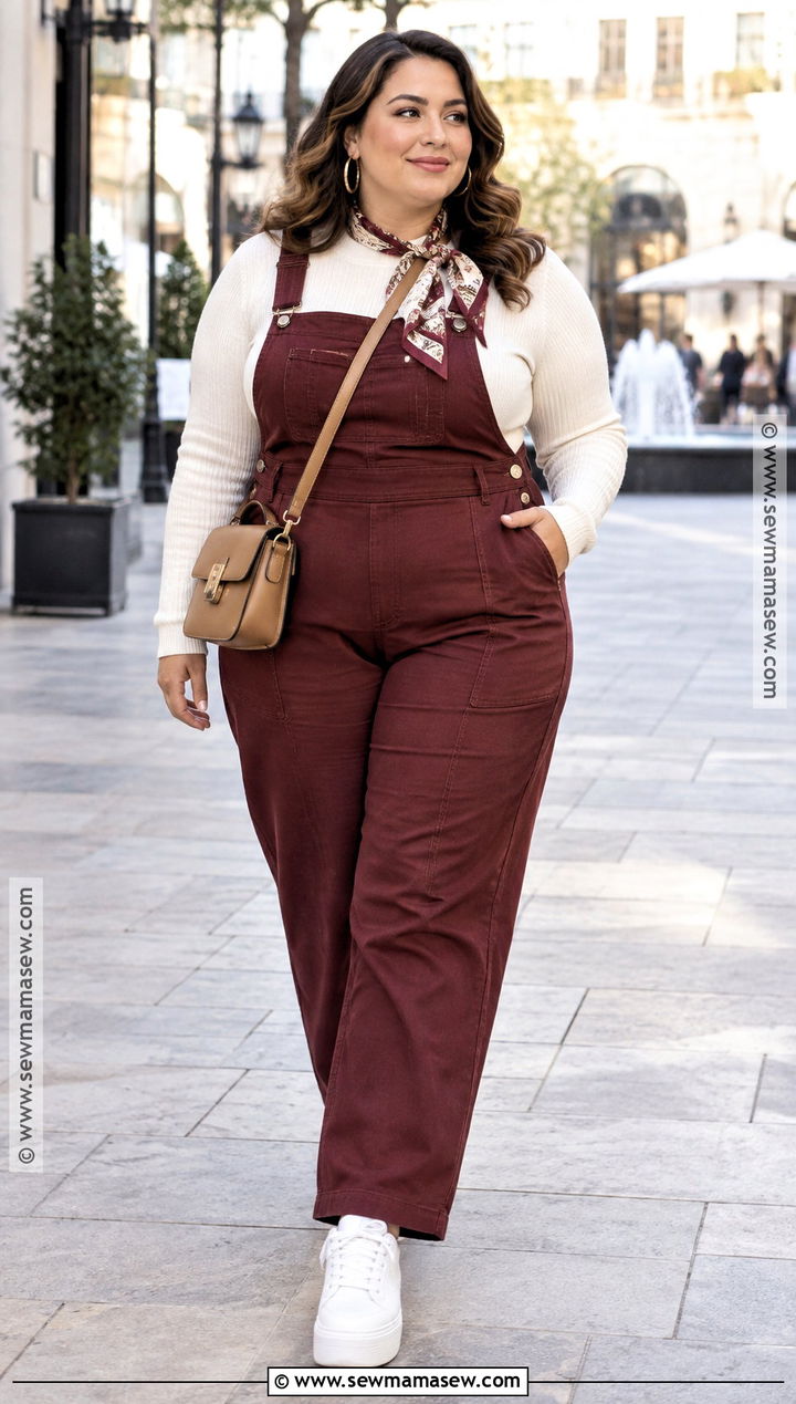 Plus Size Coverall With Fitted Knit And Platform Sneakers - 15 fall coverall outfit ideas