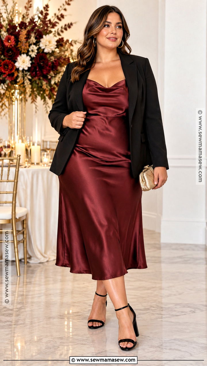 Plus Size Cranberry Satin Slip Dress Outfit - 20 Fall Plus Size Wedding Guest Outfit Ideas