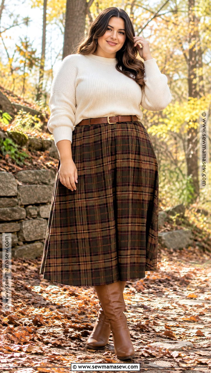 Plus Size Cream Sweater And Plaid Midi Skirt - 15 plus size family photo outfits fall