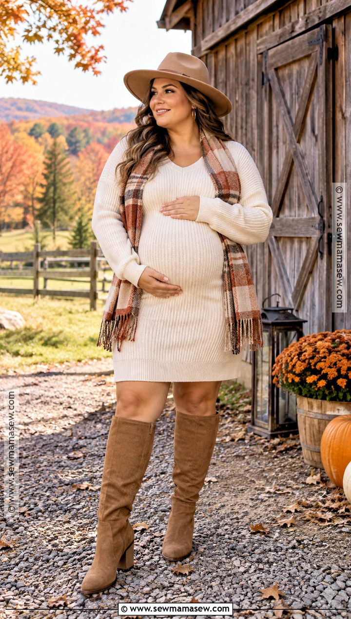 Plus Size Cream Sweater Dress With Knee High Boots - 15 fall maternity outfits for photoshoot for plus size