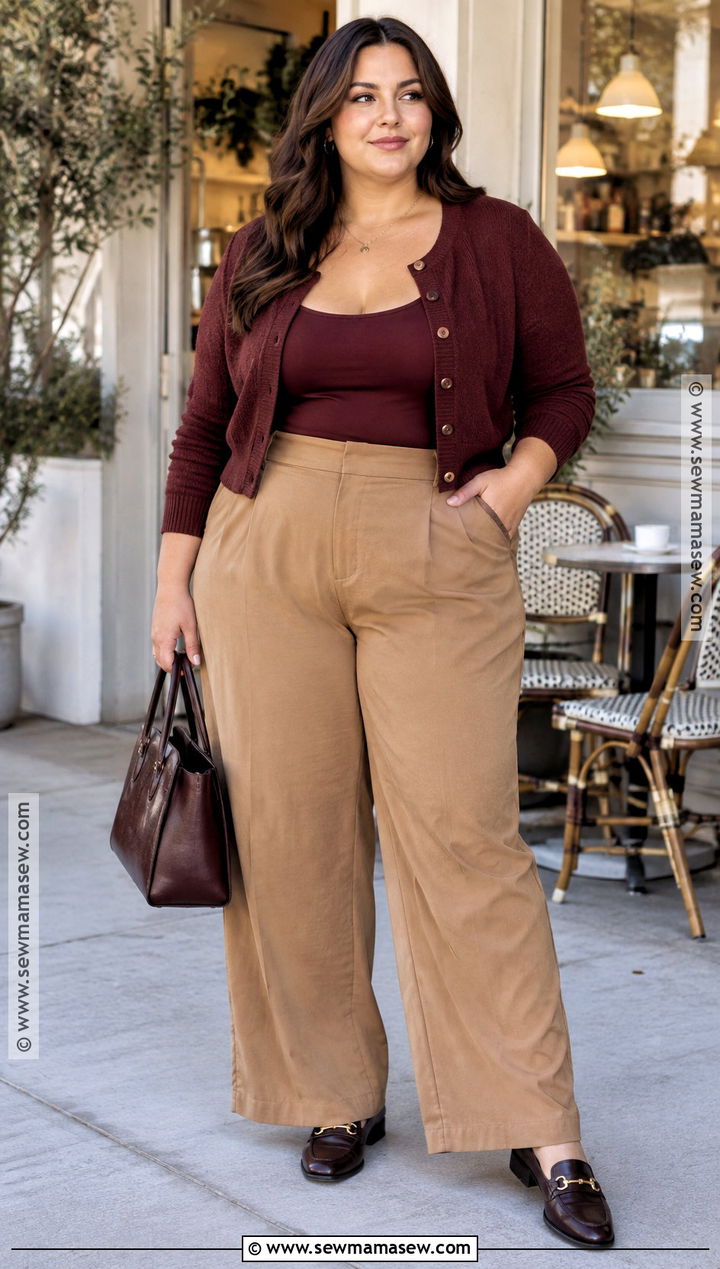 Plus Size Cropped Cardigan and Wide Leg Pants Outfit - 30 plus size fall outfit ideas