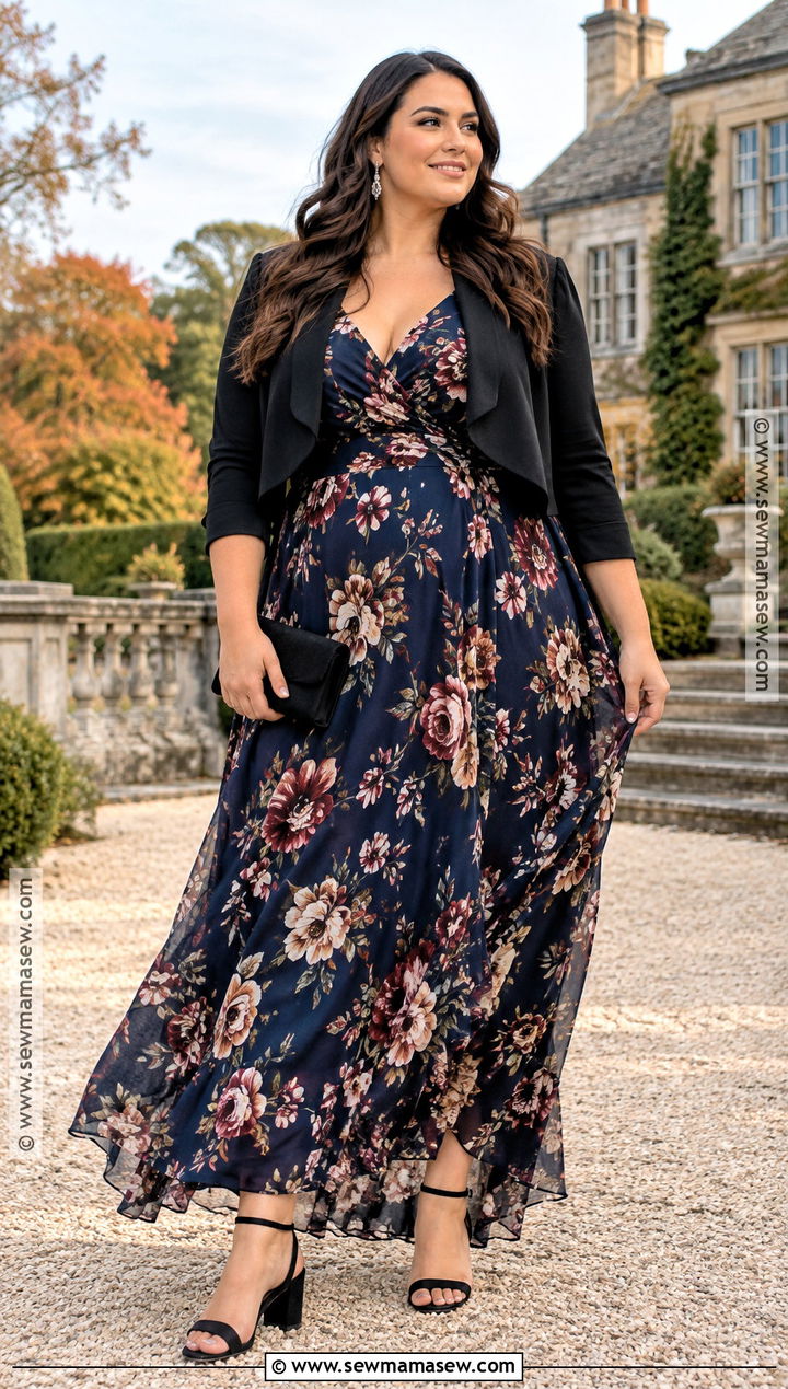 Plus Size Dark Floral Maxi Dress Outfit - 20 plus size fall wedding guest outfit ideas