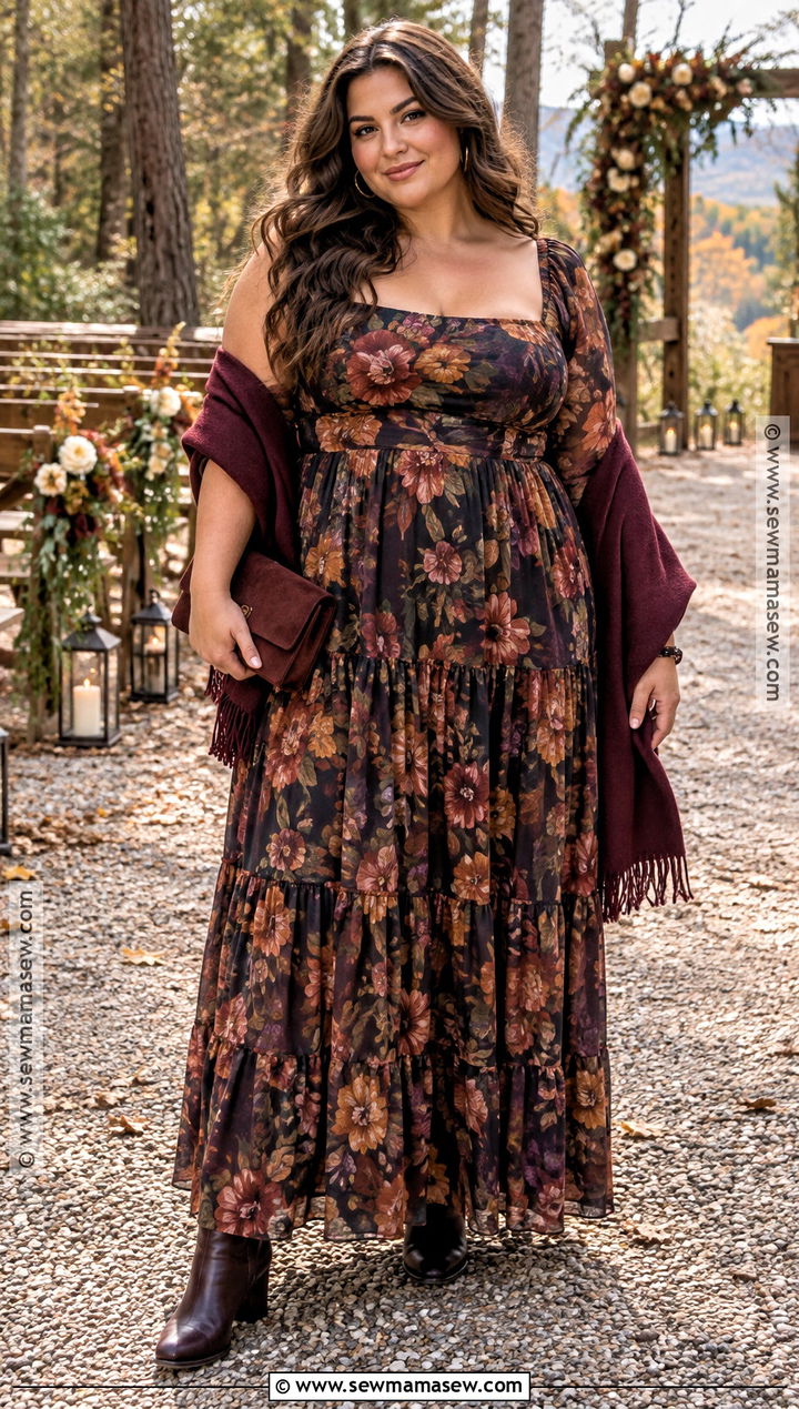 Plus Size Dark Floral Tiered Maxi Dress - 20 fall wedding dress ideas for plus size
