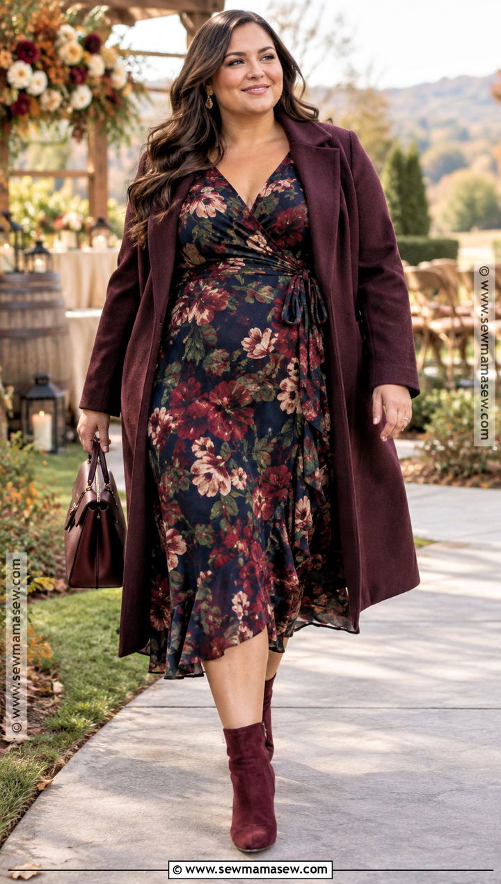Plus Size Dark Floral Wrap Dress Fall Wedding Outfit With Boots - 20 fall wedding outfit guest ideas for plus size