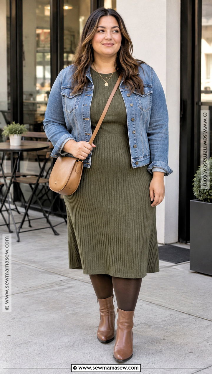 Plus Size Denim Jacket And Knit Dress Fall Outfit - 15 thick fall outfits