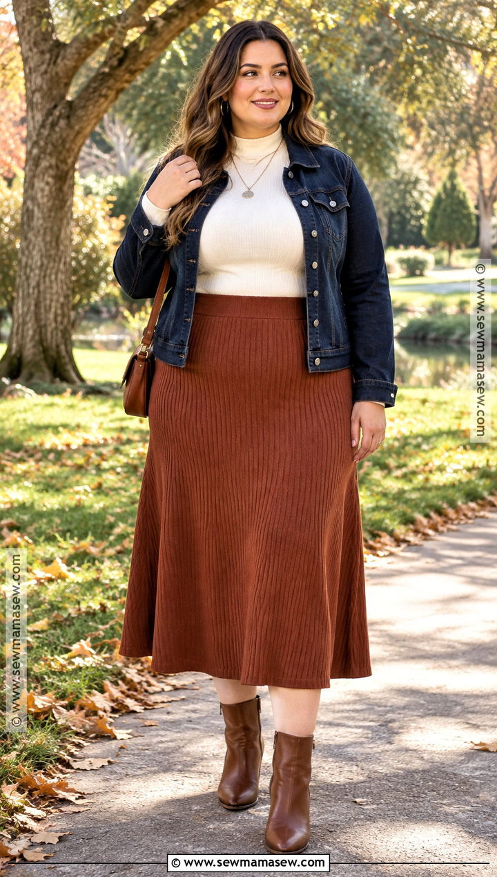 Plus Size Denim Jacket And Knit Midi Skirt Outfit - 20 plus fall outfits