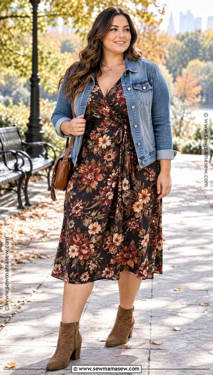 Plus Size Denim Jacket and Floral Midi Dress Outfit - 30 plus size fall outfit ideas