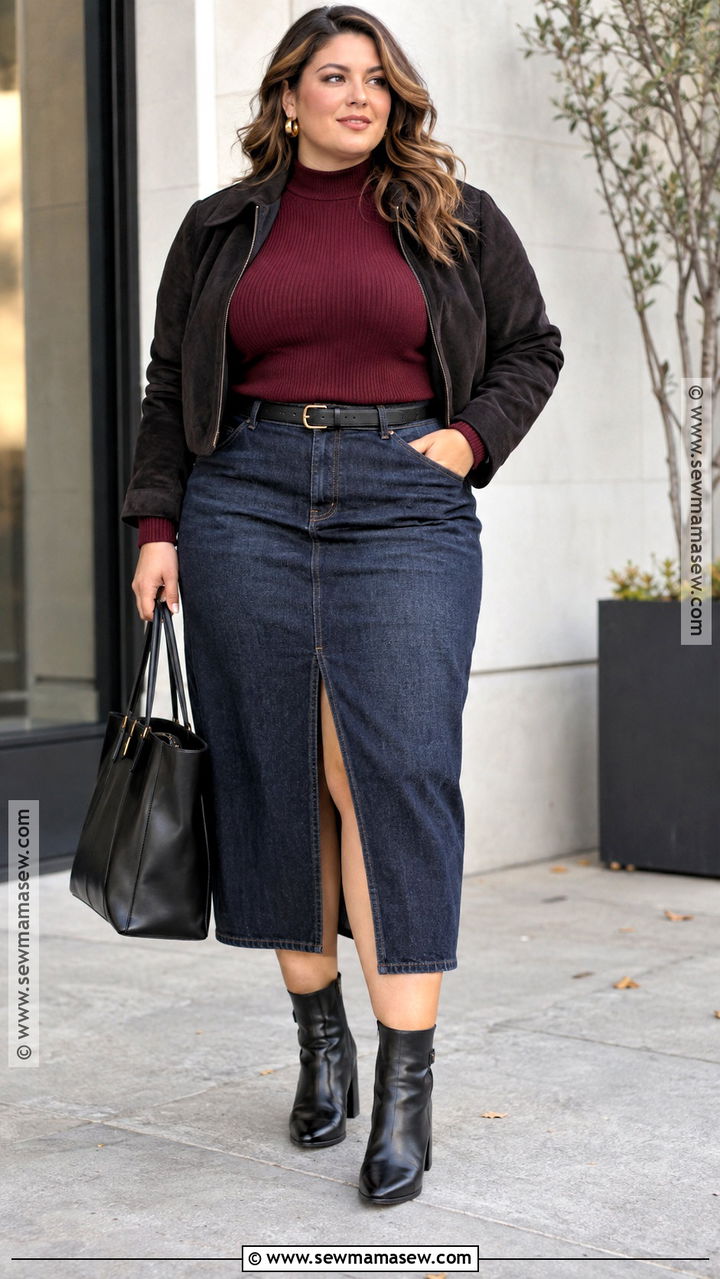 Plus Size Denim Midi Skirt And Turtleneck Outfit - 20 Cute Fall Plus Size Outfits