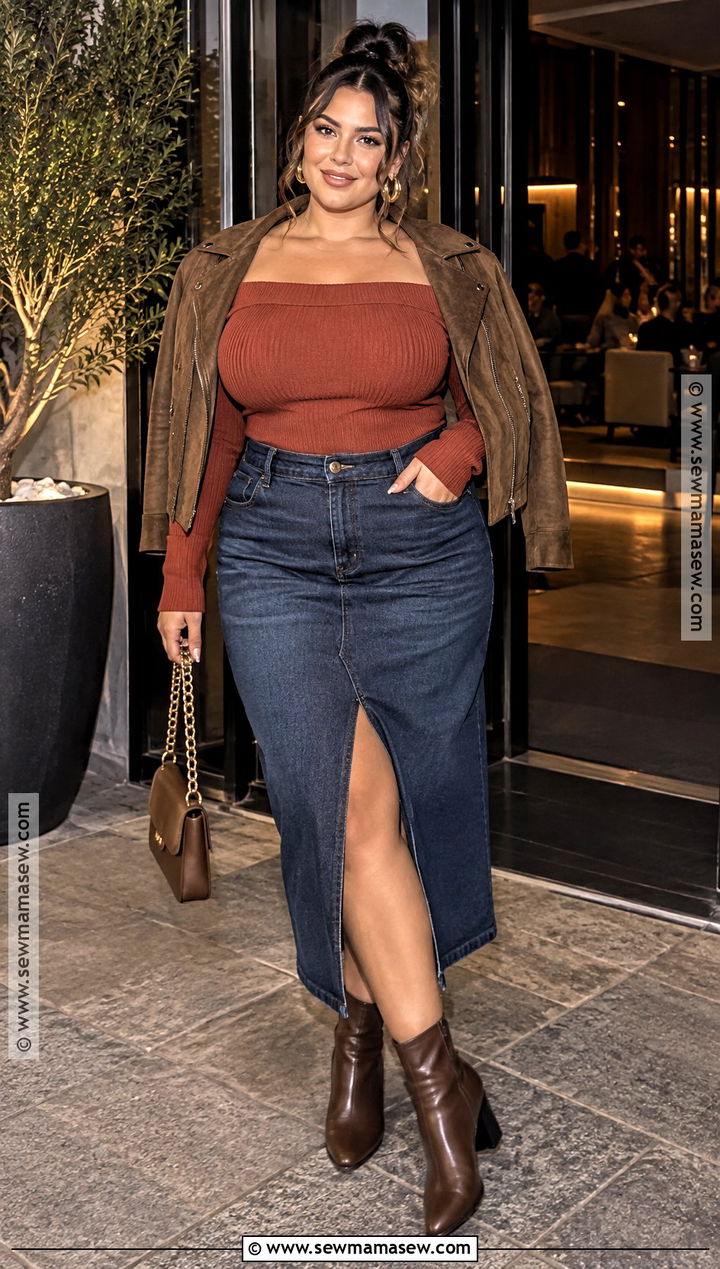 Plus Size Denim Midi Skirt Fall Club Outfit - 15 plus size fall club outfits