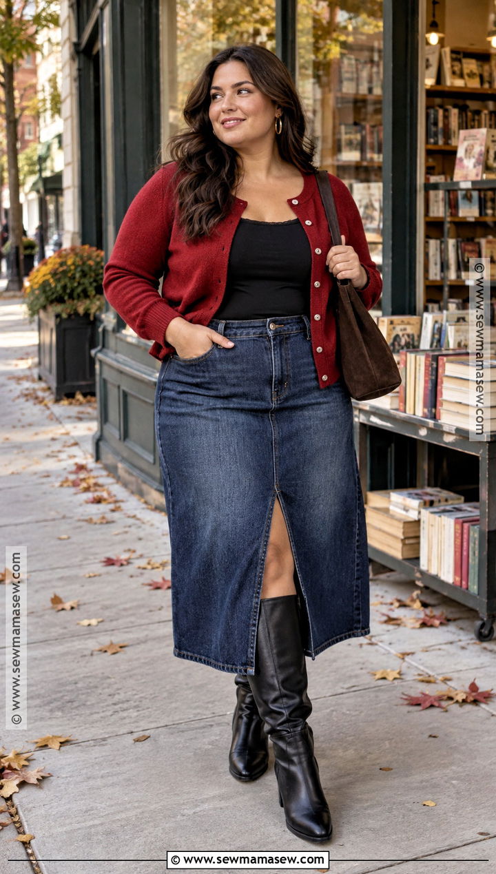 Plus Size Denim Midi Skirt With Cardigan - 15 date night fall outfits for plus size
