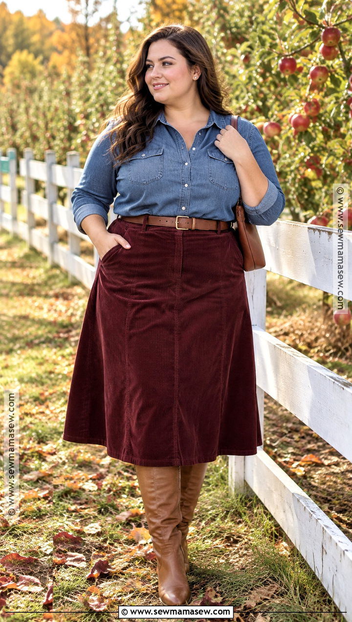 Plus Size Denim Shirt And Corduroy Midi Skirt - 15 plus size family photo outfits fall