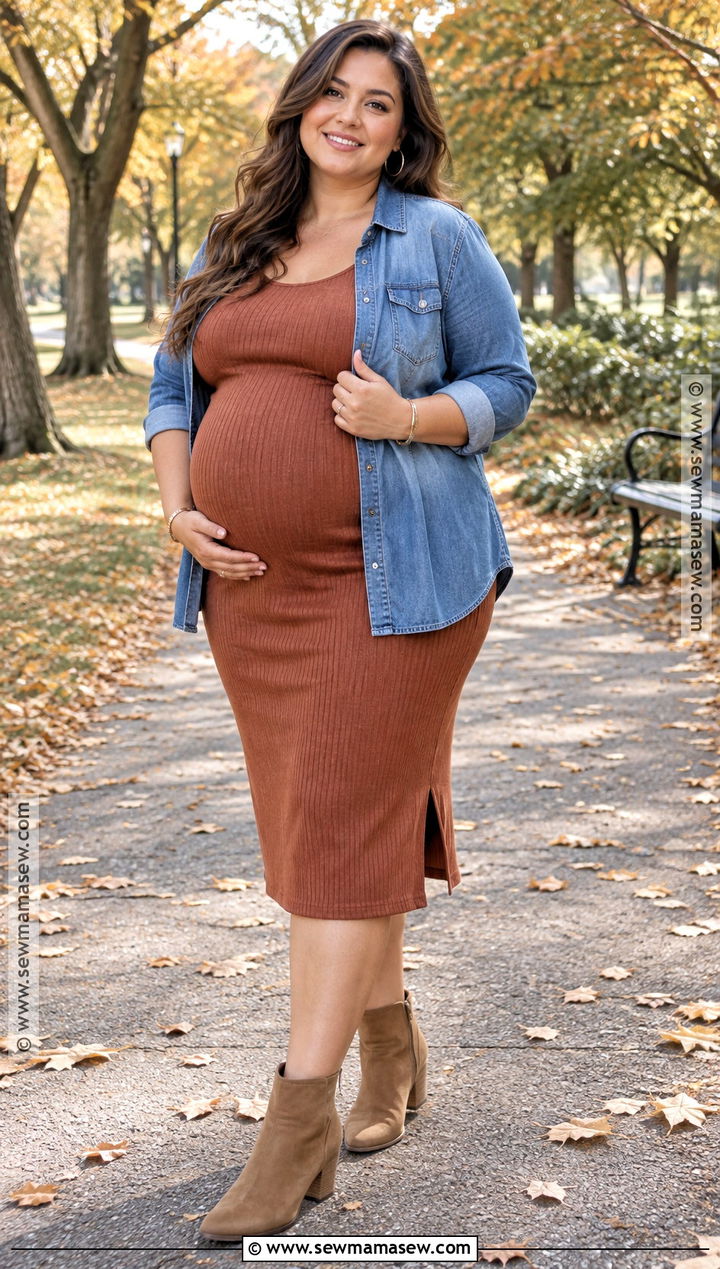 Plus Size Denim Shirt With A Ribbed Maternity Dress - 15 fall maternity outfits for photoshoot for plus size