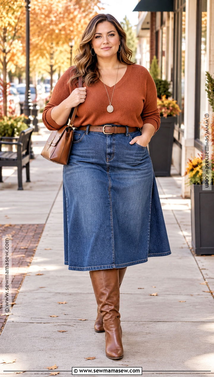 Plus Size Denim Skirt With Belted Sweater And Boots - 15 Denim Skirt Outfit Fall Ideas 2026