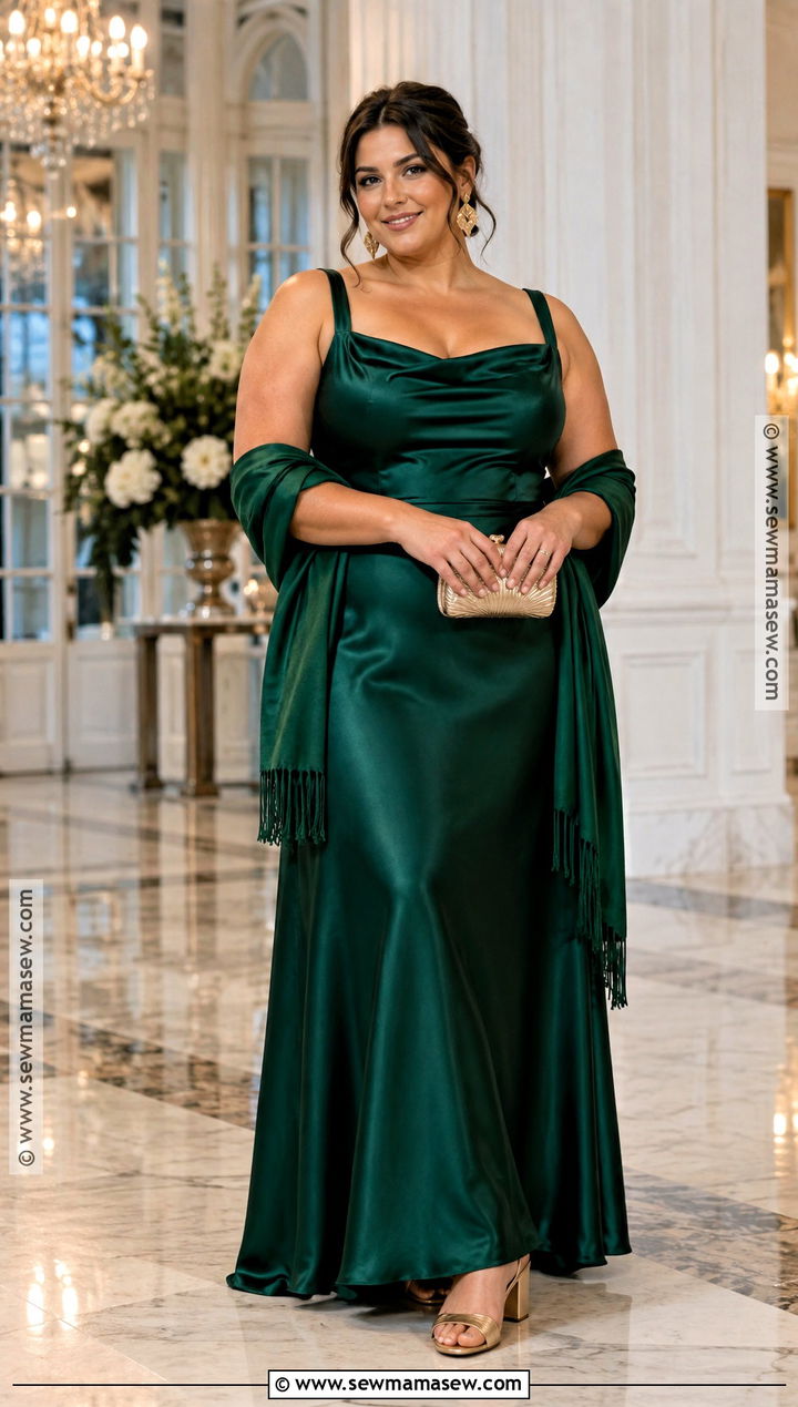Plus Size Emerald Satin Maxi Dress Outfit - 20 Fall Plus Size Wedding Guest Outfit Ideas